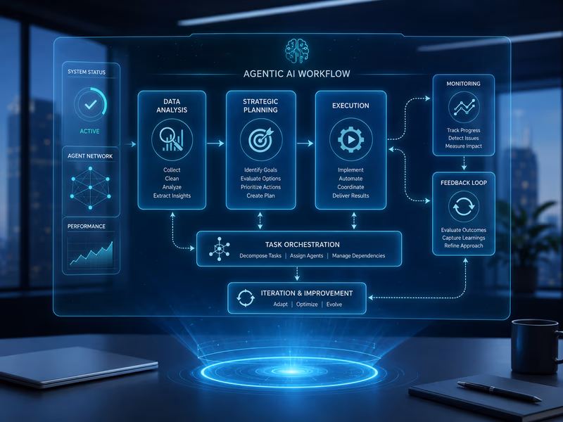 A conceptual digital illustration of an autonomous multi-step agentic AI workflow.
