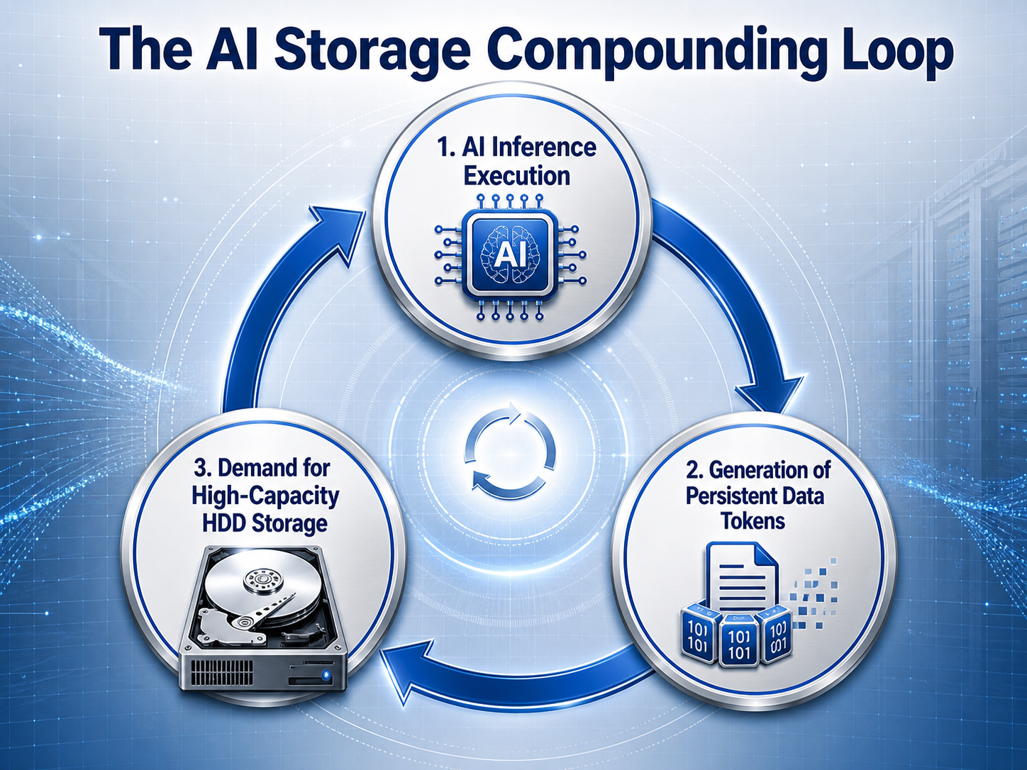  A technical diagram titled 'The AI Storage Compounding Loop'. A circular flow showing three stages