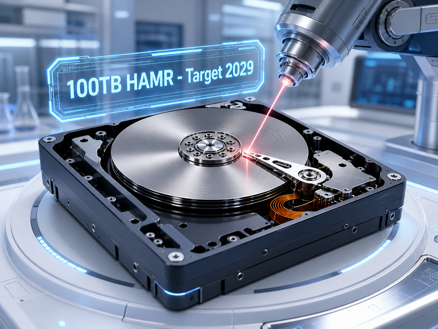 An illustration of a high-capacity 100TB HAMR hard drive of the future