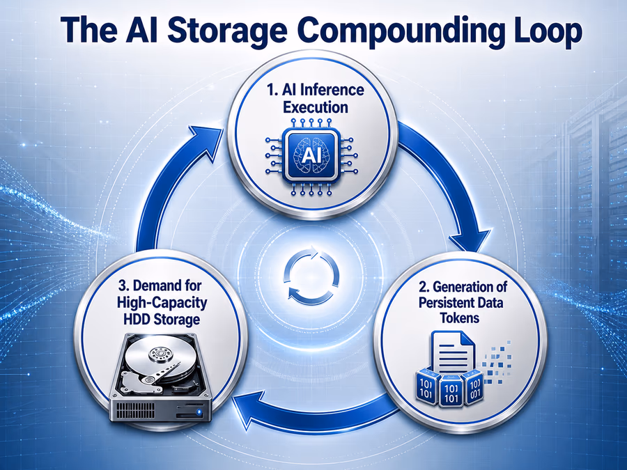  A technical diagram titled 'The AI Storage Compounding Loop'. A circular flow showing three stages