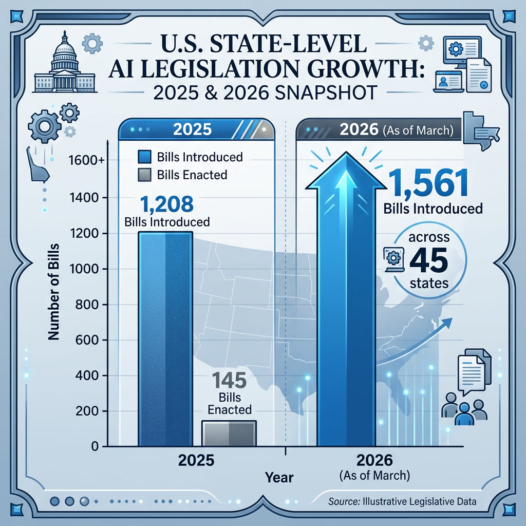 A vertical bar chart comparing U.S. state-level AI legislation between 2025 and 2026