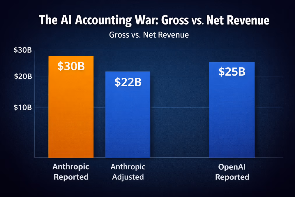A side-by-side bar chart showing Anthropic's reported revenue at $30 billion (Gross) vs. OpenAI's analyzed revenue for Anthropic at $22 billion (Net). A second set of bars shows OpenAI's reported revenue at $25 billion (Net).