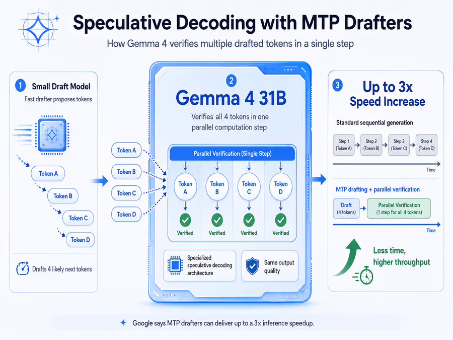 A technical diagram explaining Speculative Decoding with MTP Drafters.