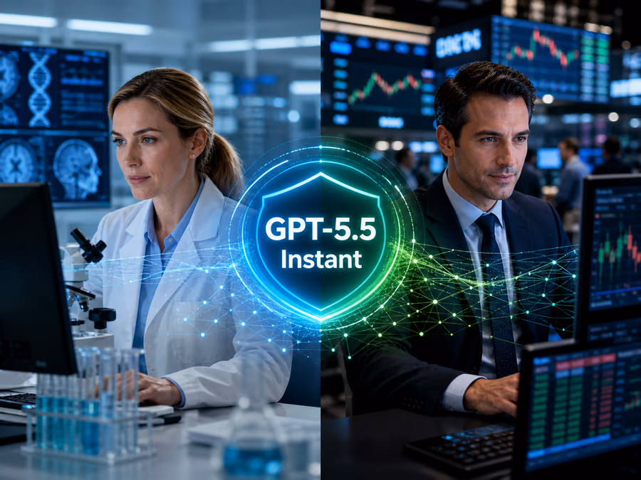 An image of a professional medical researcher and a financial analyst in a split-screen composition