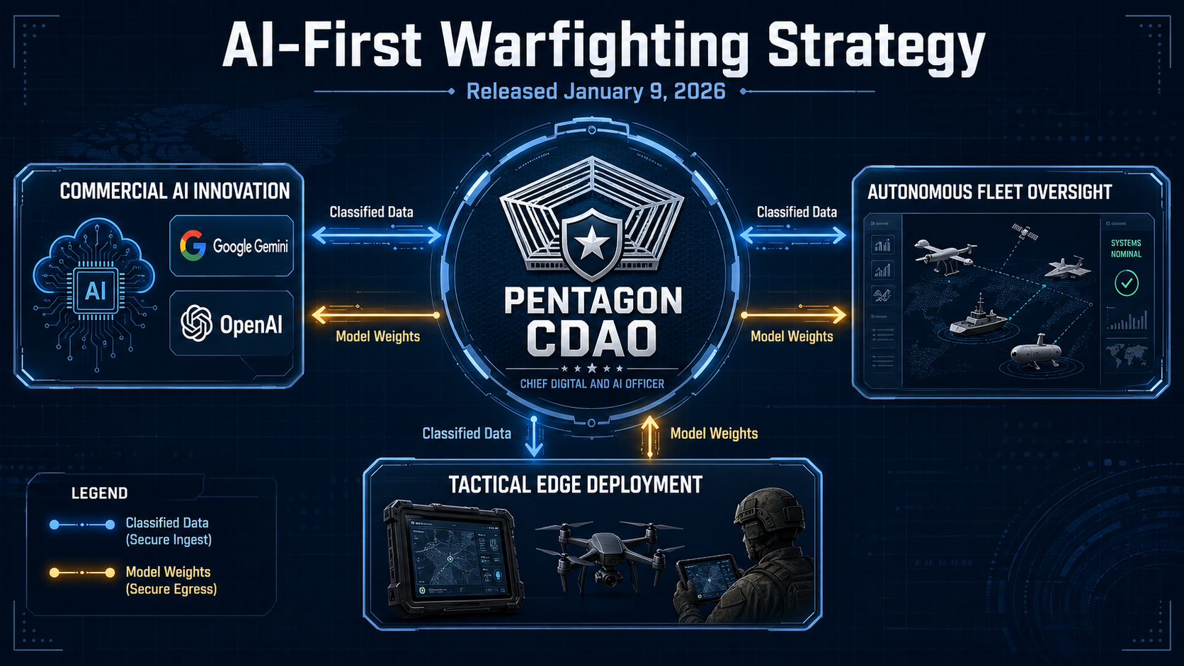 A technical diagram explaining the 'AI-First Warfighting Strategy' released January 9, 2026.