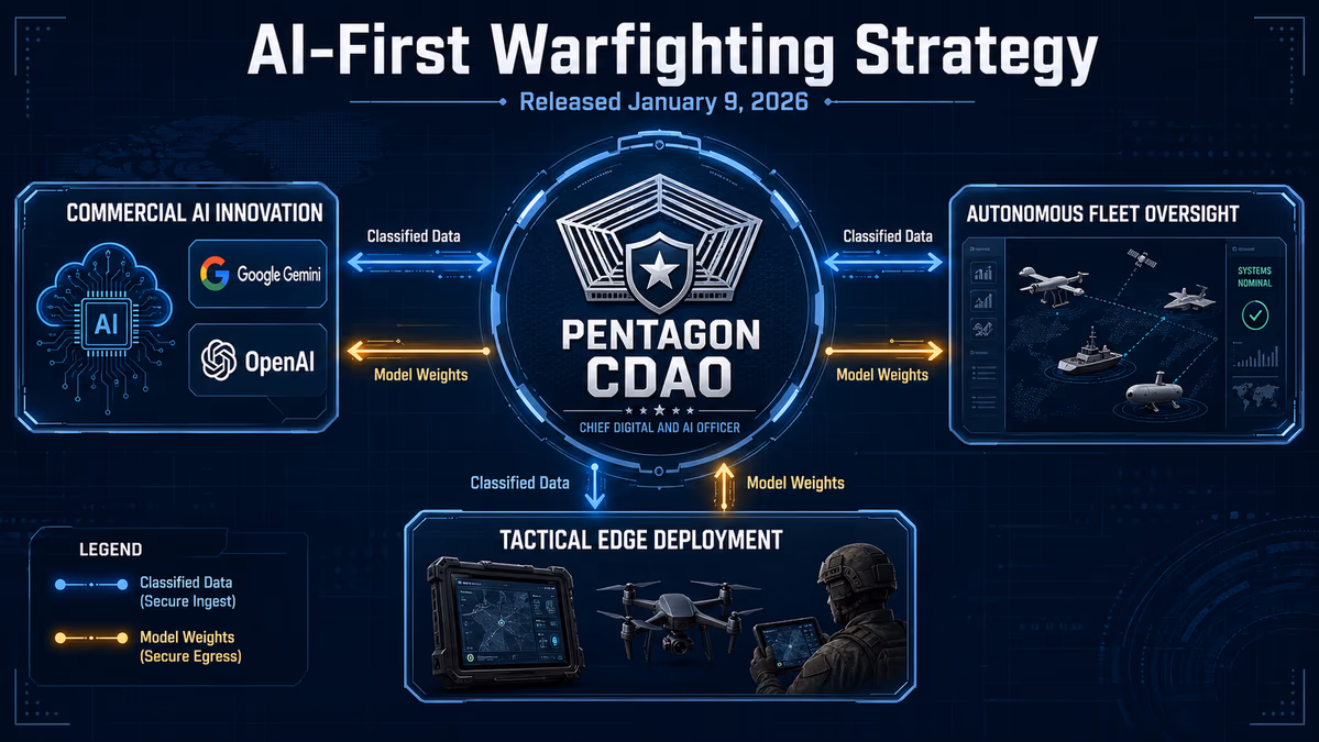 A technical diagram explaining the 'AI-First Warfighting Strategy' released January 9, 2026.