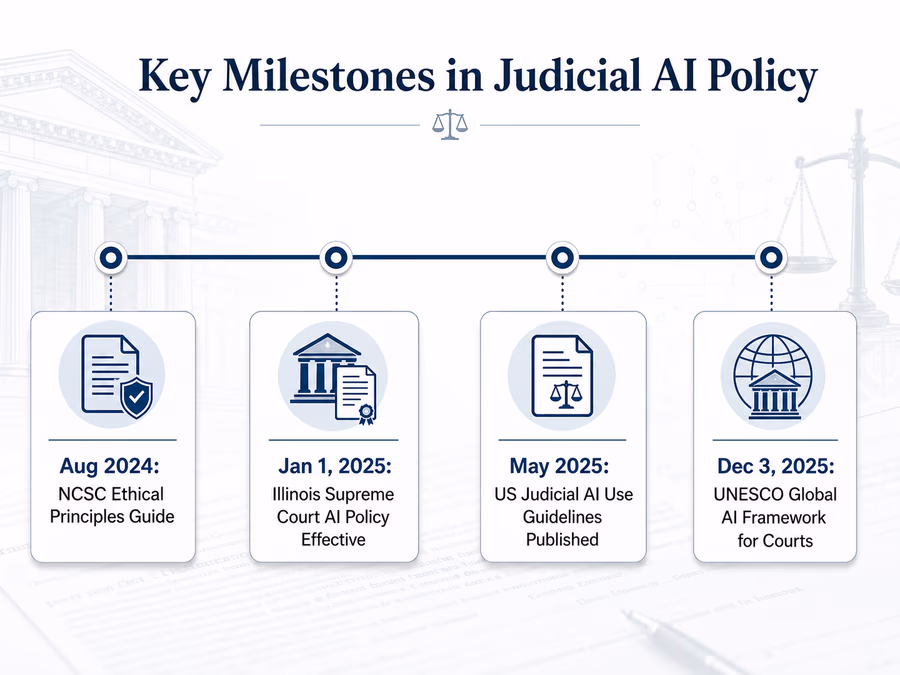 A horizontal timeline diagram showing 'Key Milestones in Judicial AI Policy'.