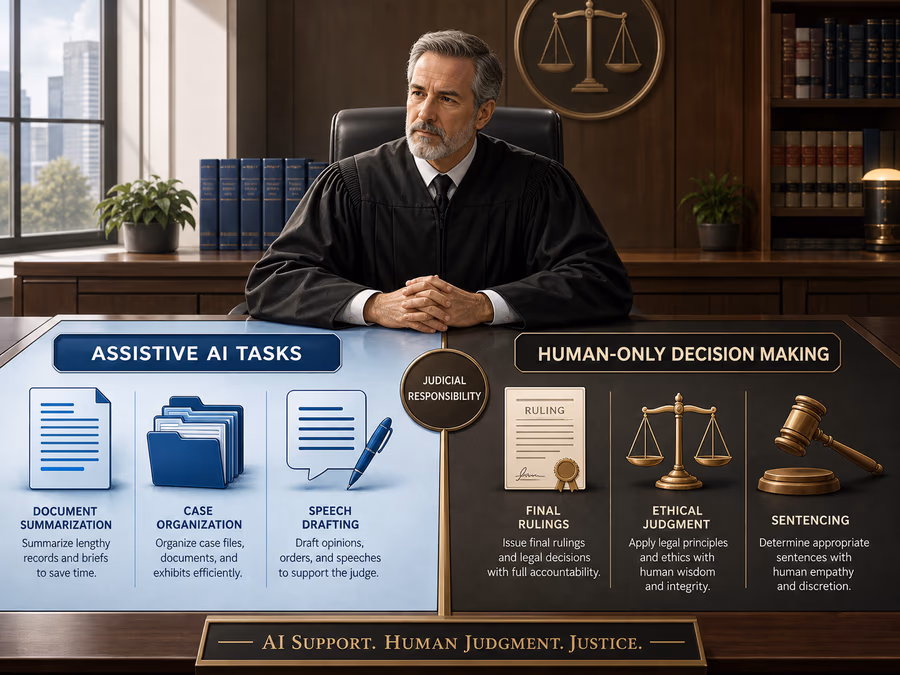 An illustration showing a judge in black robes sitting at a desk