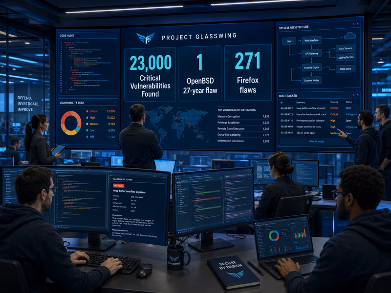 A detailed, professional digital illustration of cyberdefenders working inside a futuristic security operations center representing Project Glasswing