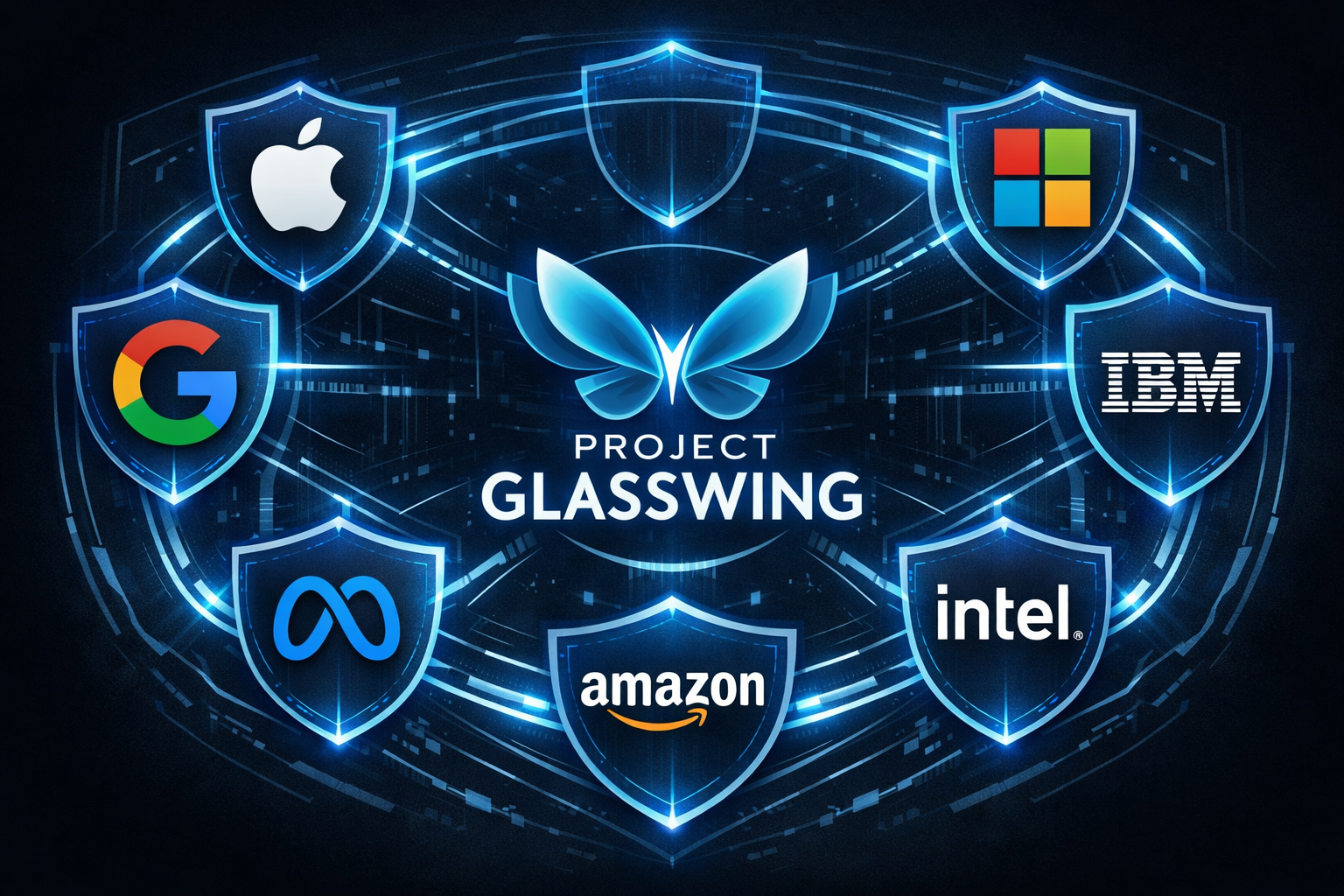 An infographic showing the logo for Project Glasswing surrounded by the logos of partner companies like Apple, Amazon, and Microsoft