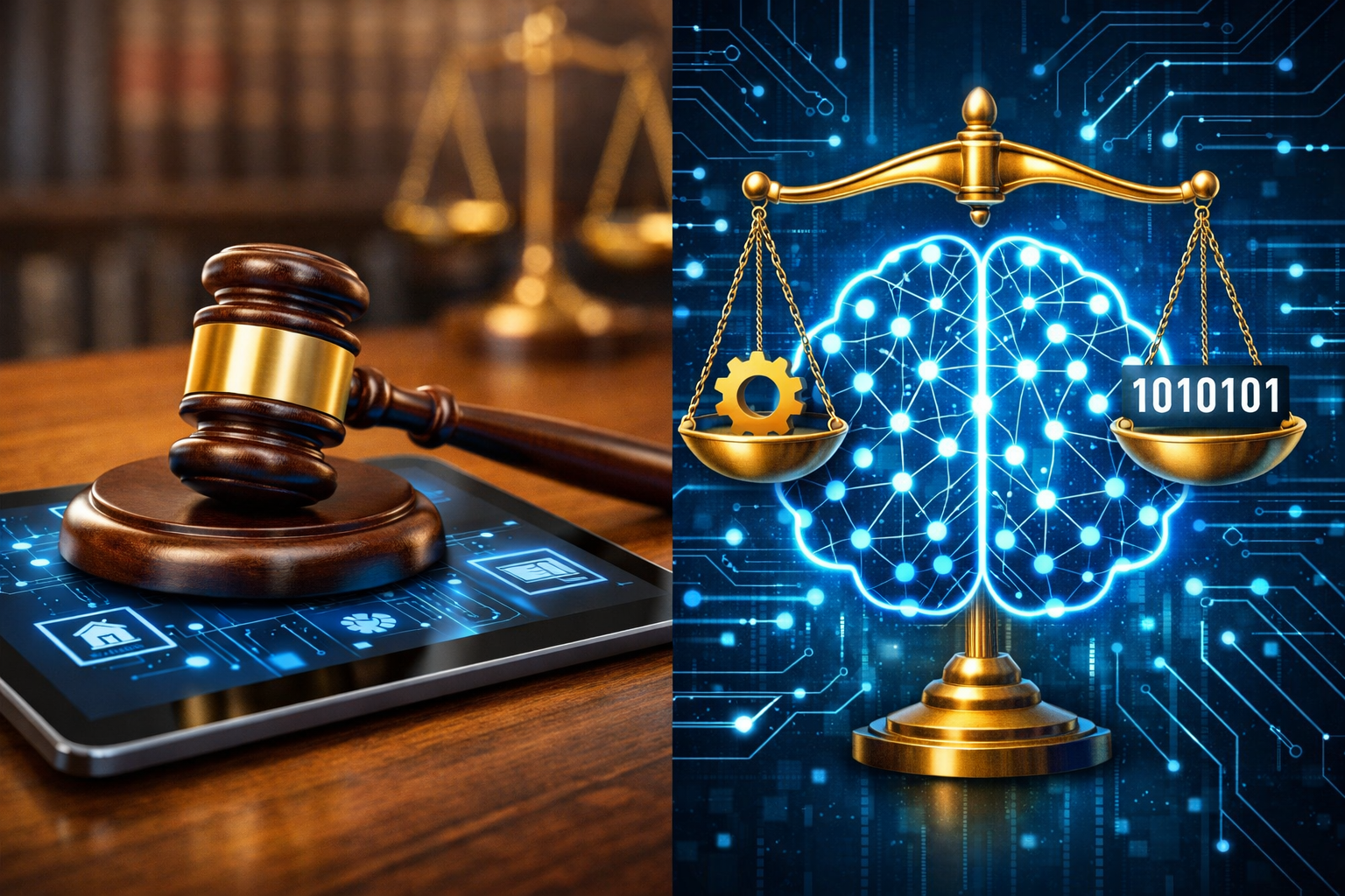 A split-screen illustration: on one side, a courtroom gavel resting on a digital tablet; on the other, a stylized representation of an AI neural network being adjusted by a set of scales.