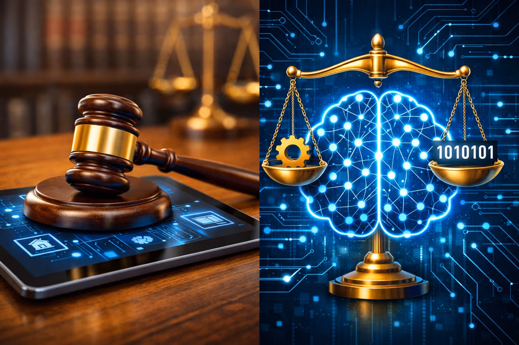 A split-screen illustration: on one side, a courtroom gavel resting on a digital tablet; on the other, a stylized representation of an AI neural network being adjusted by a set of scales.