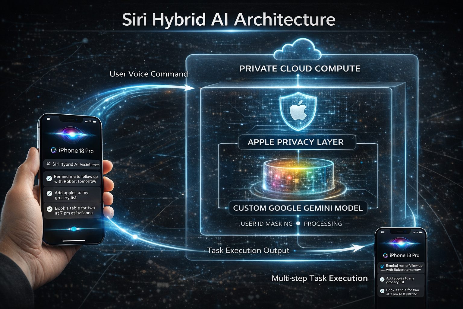 A flow diagram showing a user's voice command traveling to a 'Private Cloud Compute' box.