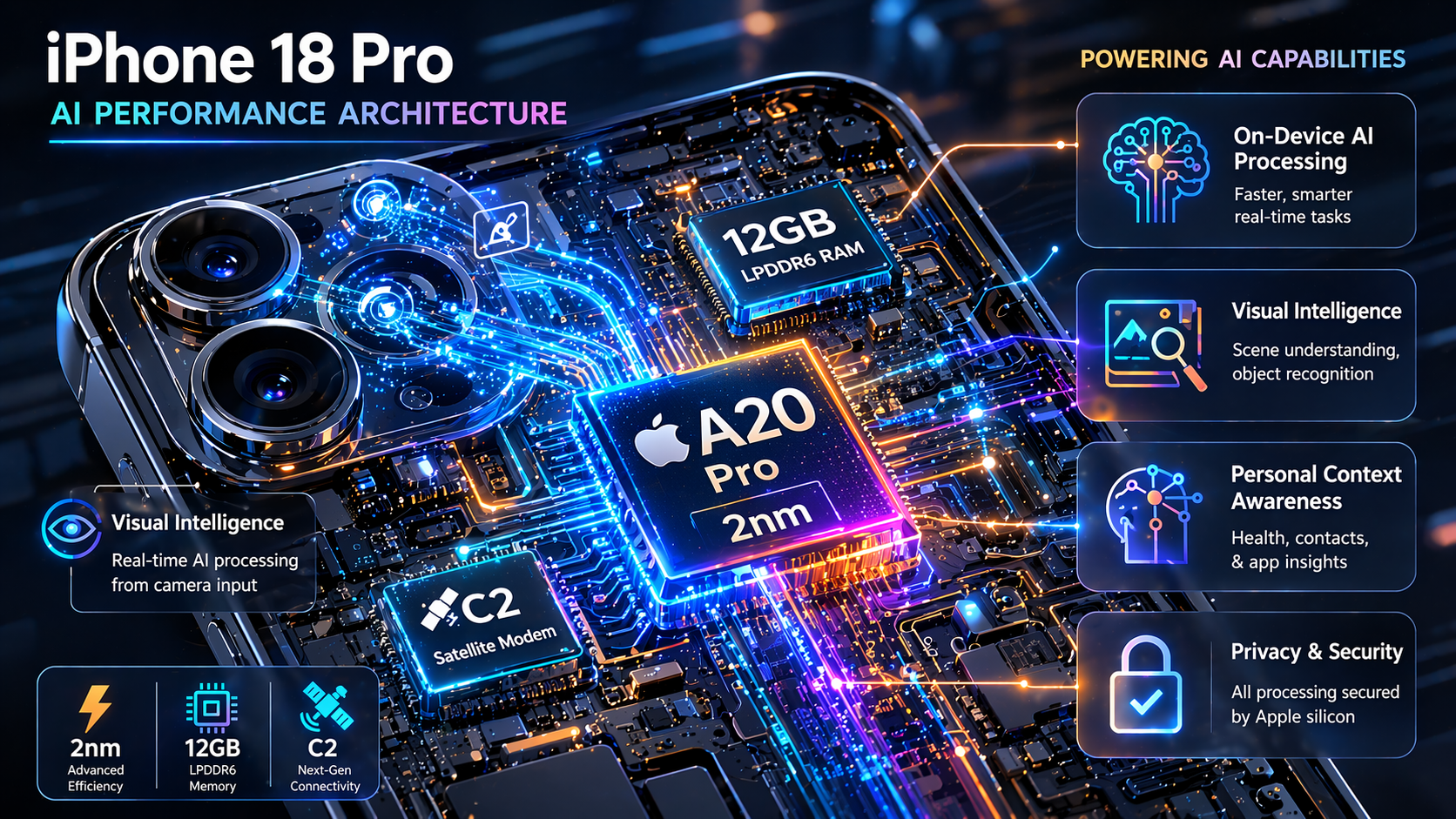  An illustration showing the iPhone 18 Pro internal components focused on AI performance.