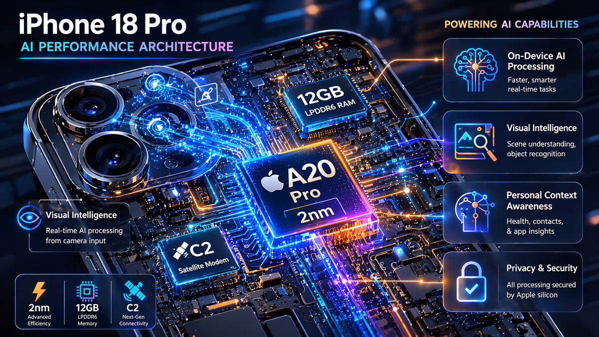  An illustration showing the iPhone 18 Pro internal components focused on AI performance.