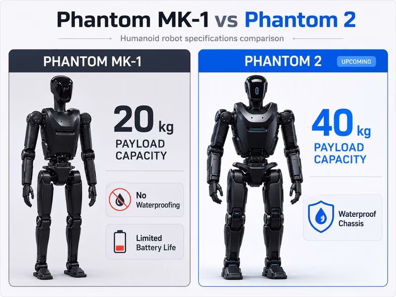 An infographic comparing the technical specifications of the Phantom MK-1 and the upcoming Phantom 2 humanoid robots.