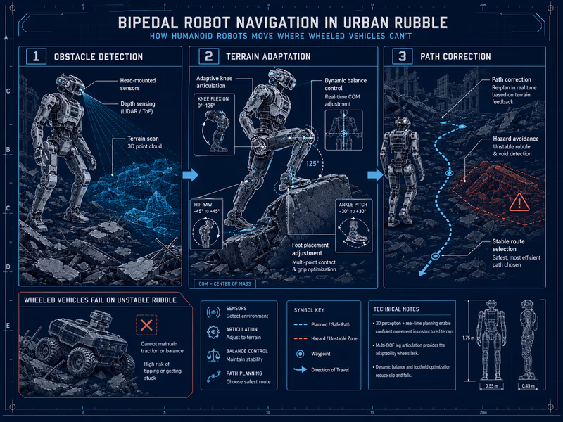 A technical schematic diagram illustrating how a bipedal humanoid robot navigates challenging terrain where wheeled vehicles fail.