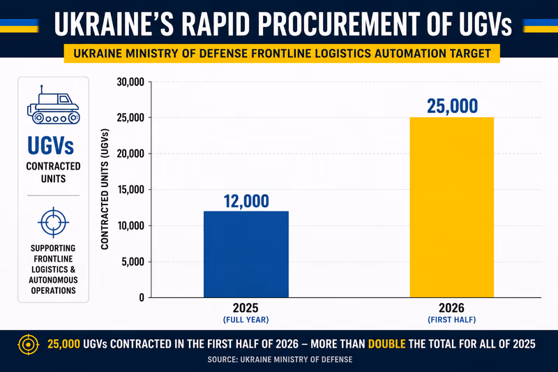A bar chart illustrating Ukraine's rapid procurement of Unmanned Ground Vehicles (UGVs).