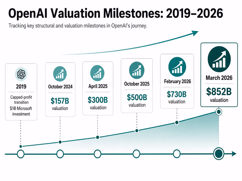 An infographic timeline charting OpenAI's valuation milestones from 2019 to 2026.