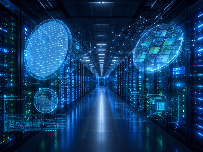 An illustration of massive, futuristic AI infrastructure. A vast data center interior filled with endless rows of server racks