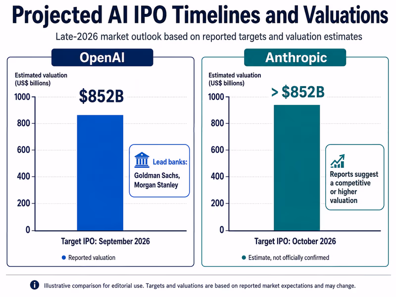 An infographic comparing the projected IPO timelines and estimated valuations of top AI companies in late 2026