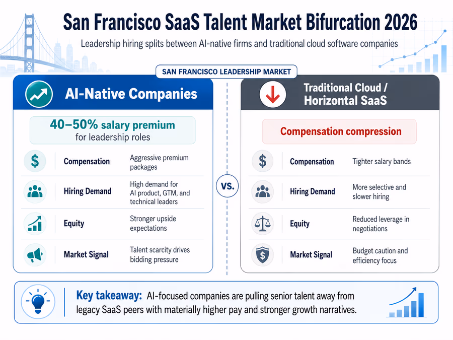 A comparison table titled 'San Francisco SaaS Talent Market Bifurcation 2026'