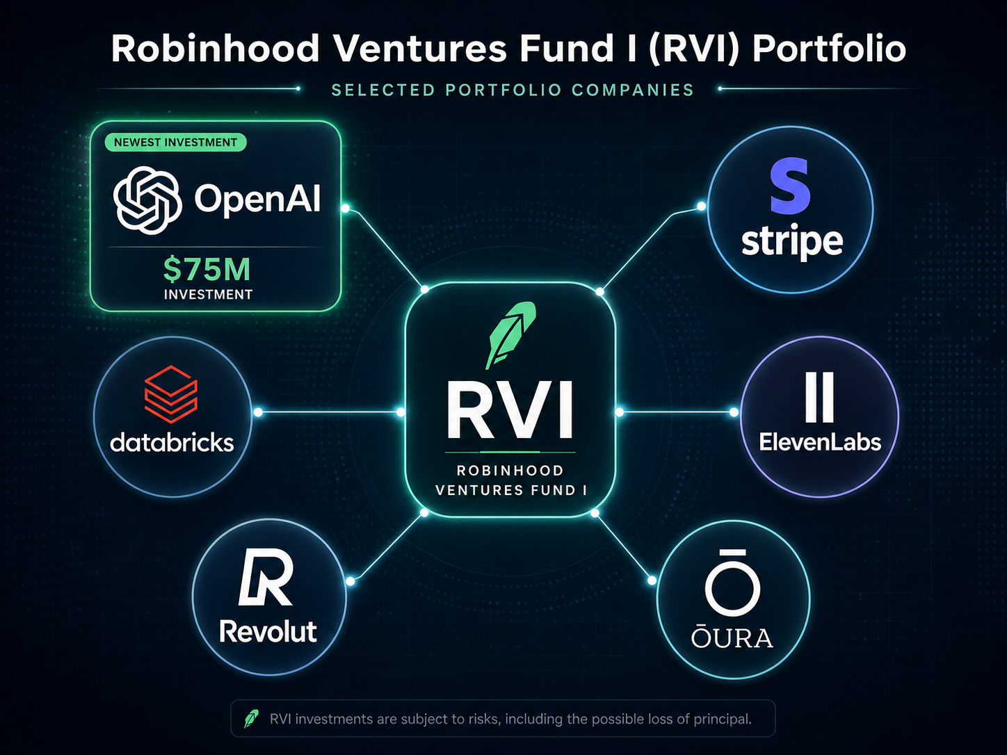 A portfolio diagram for Robinhood Ventures Fund I (RVI).