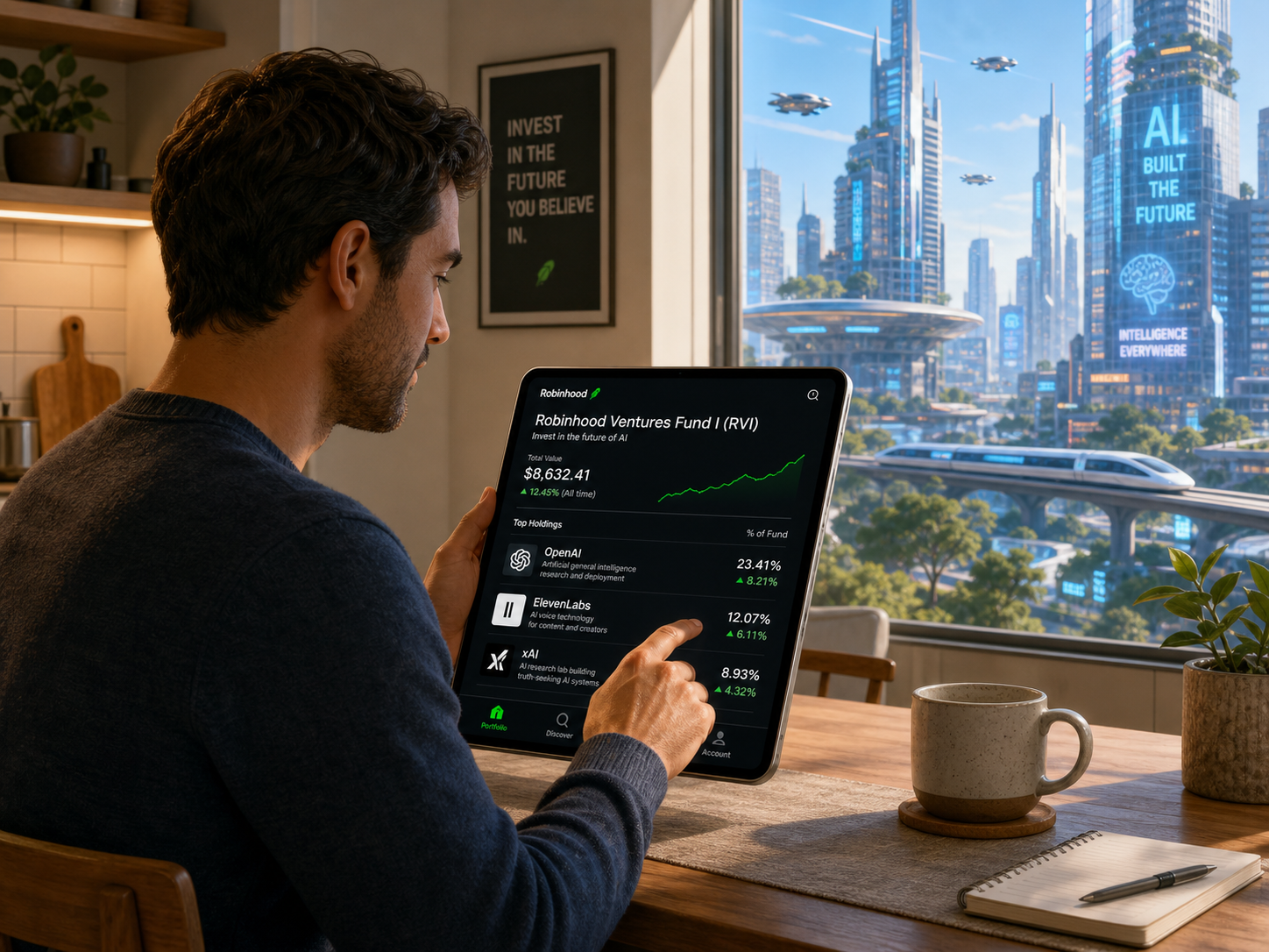 An illustration of a retail investor at a kitchen table using a tablet.