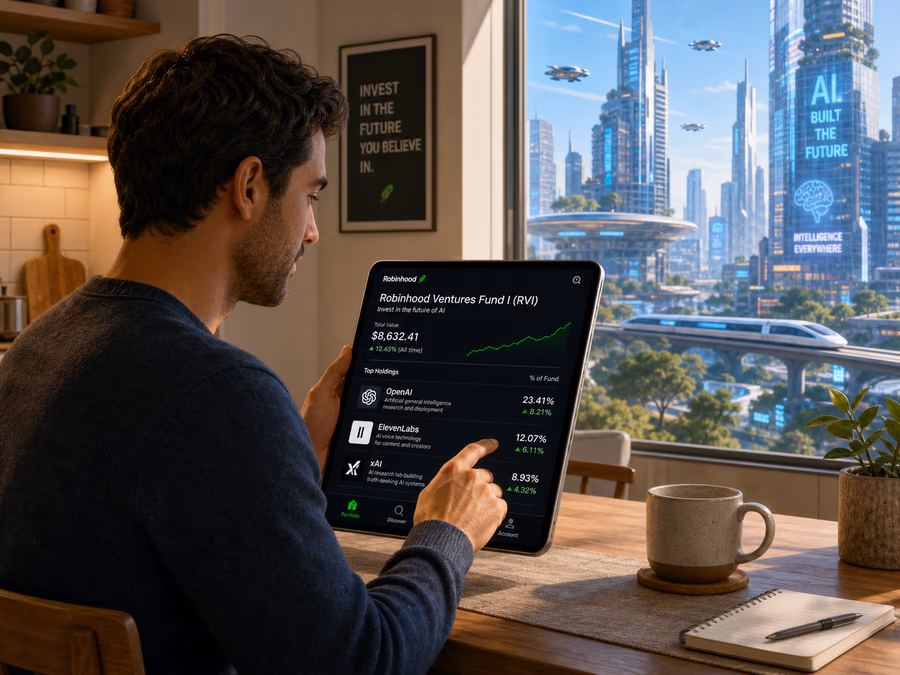 An illustration of a retail investor at a kitchen table using a tablet.